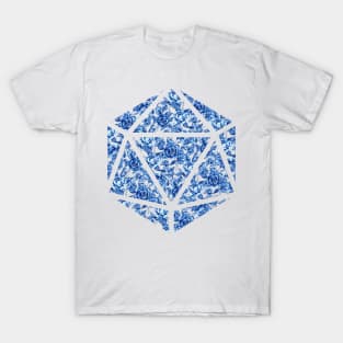 Delft Blue Gradient Rose Vintage Pattern Silhouette D20 - Subtle Dungeons and Dragons Design T-Shirt